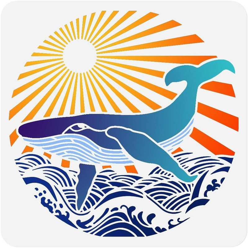 DOODLREAM Whale Wave Stencil for Painting, 11.8"x11.8"Reusable Ocean Creature Stencil Drawing Template, Sunrise DIY Craft Paint Template for Wall Home Decor Wood Burning Card Journal Canvas Fabric - Image 1